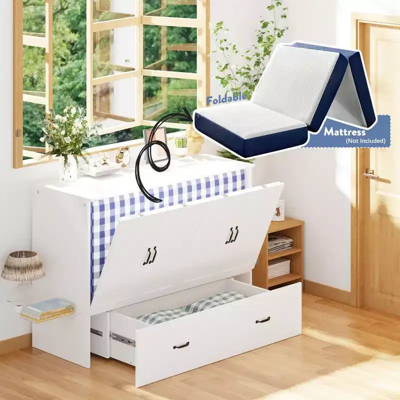 Letto a scomparsa matrimoniale salvaspazio con design pieghevole e contenitore integrato