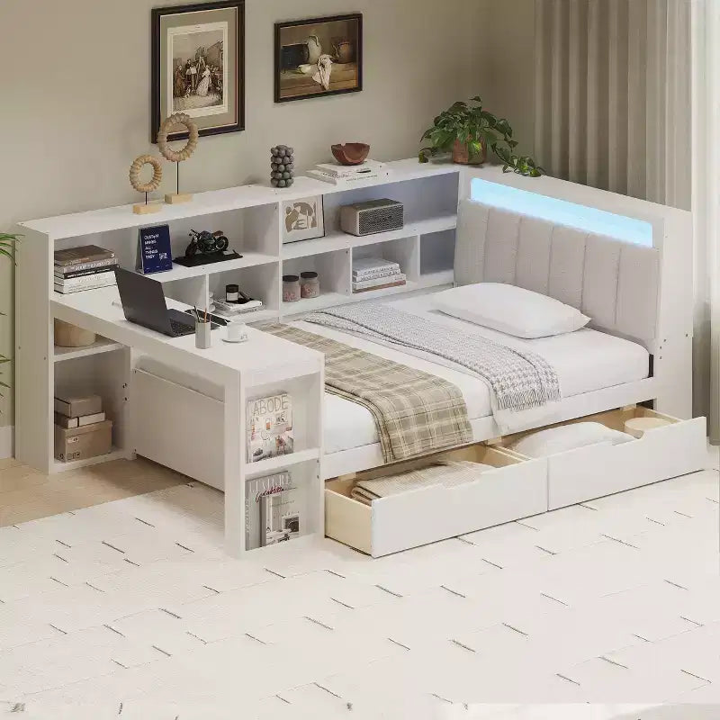 Divano letto a elle per letto singolo/matrimoniale con libreria integrata, cassetti, luce a LED, scrivania e testiera imbottita