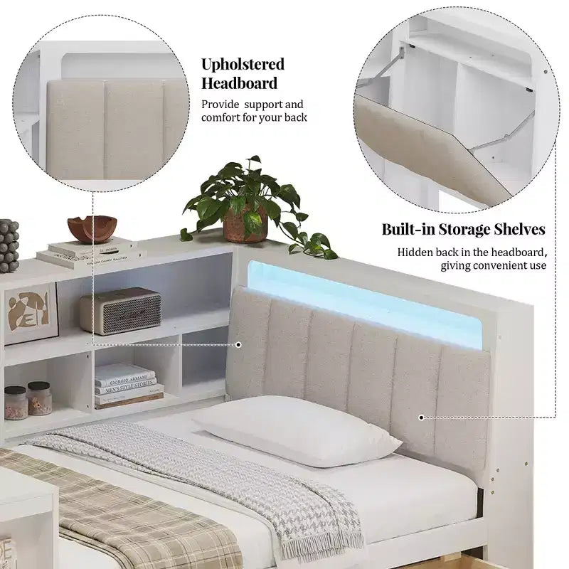 Divano letto a elle per letto singolo/matrimoniale con libreria integrata, cassetti, luce a LED, scrivania e testiera imbottita