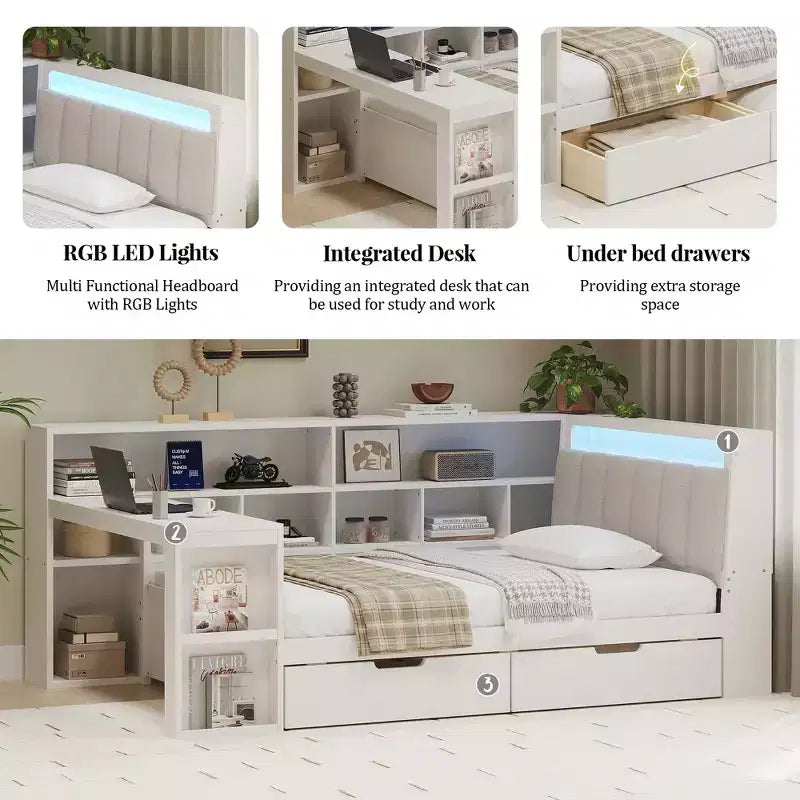 Divano letto a elle per letto singolo/matrimoniale con libreria integrata, cassetti, luce a LED, scrivania e testiera imbottita
