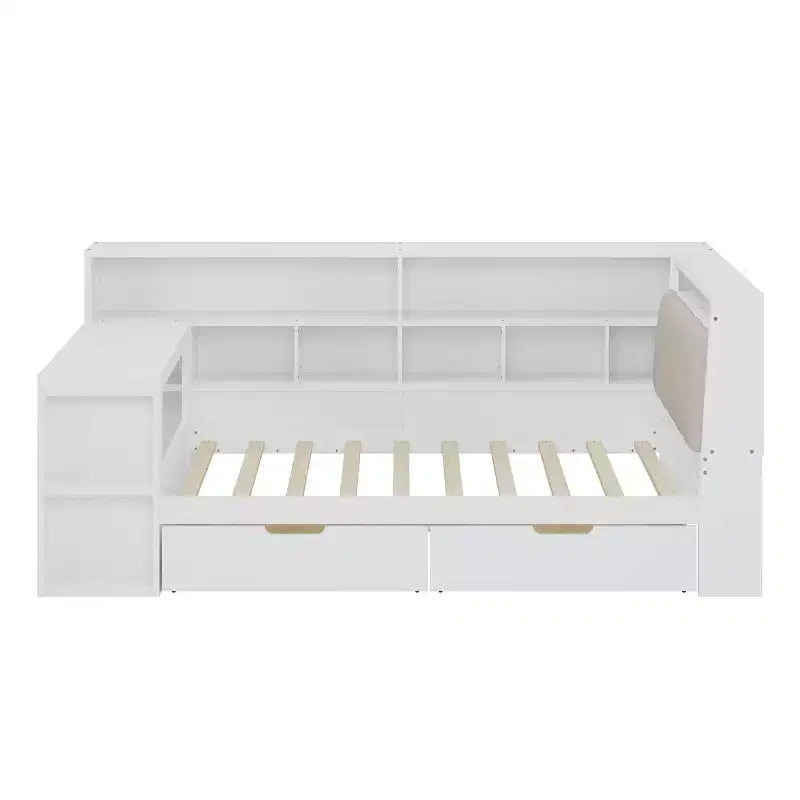 Divano letto a elle per letto singolo/matrimoniale con libreria integrata, cassetti, luce a LED, scrivania e testiera imbottita