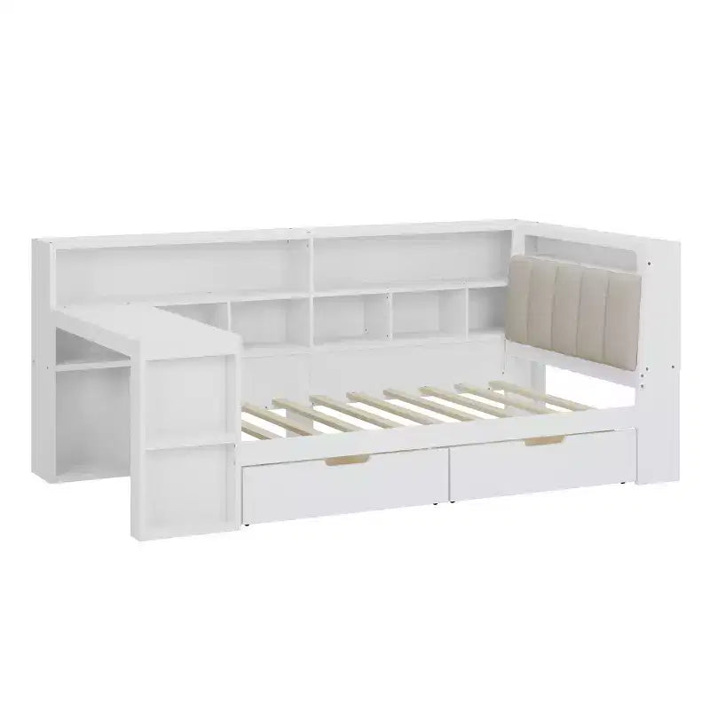 Divano letto a elle per letto singolo/matrimoniale con libreria integrata, cassetti, luce a LED, scrivania e testiera imbottita
