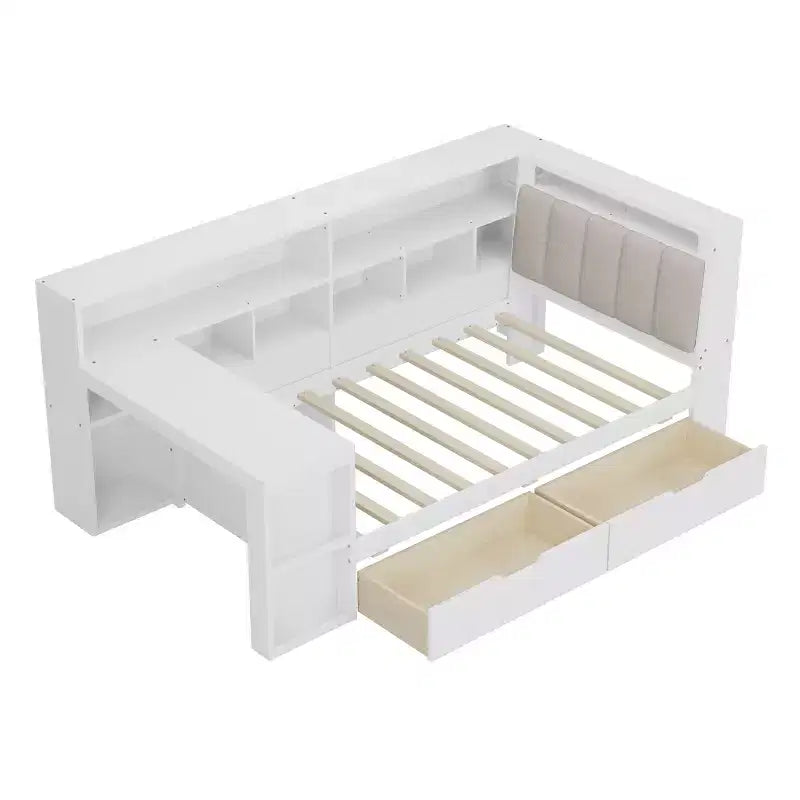 Divano letto a elle per letto singolo/matrimoniale con libreria integrata, cassetti, luce a LED, scrivania e testiera imbottita