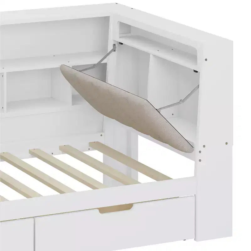 Divano letto a elle per letto singolo/matrimoniale con libreria integrata, cassetti, luce a LED, scrivania e testiera imbottita
