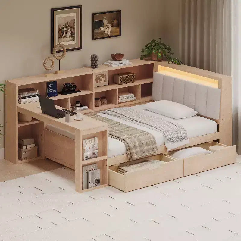 Divano letto a elle per letto singolo/matrimoniale con libreria integrata, cassetti, luce a LED, scrivania e testiera imbottita