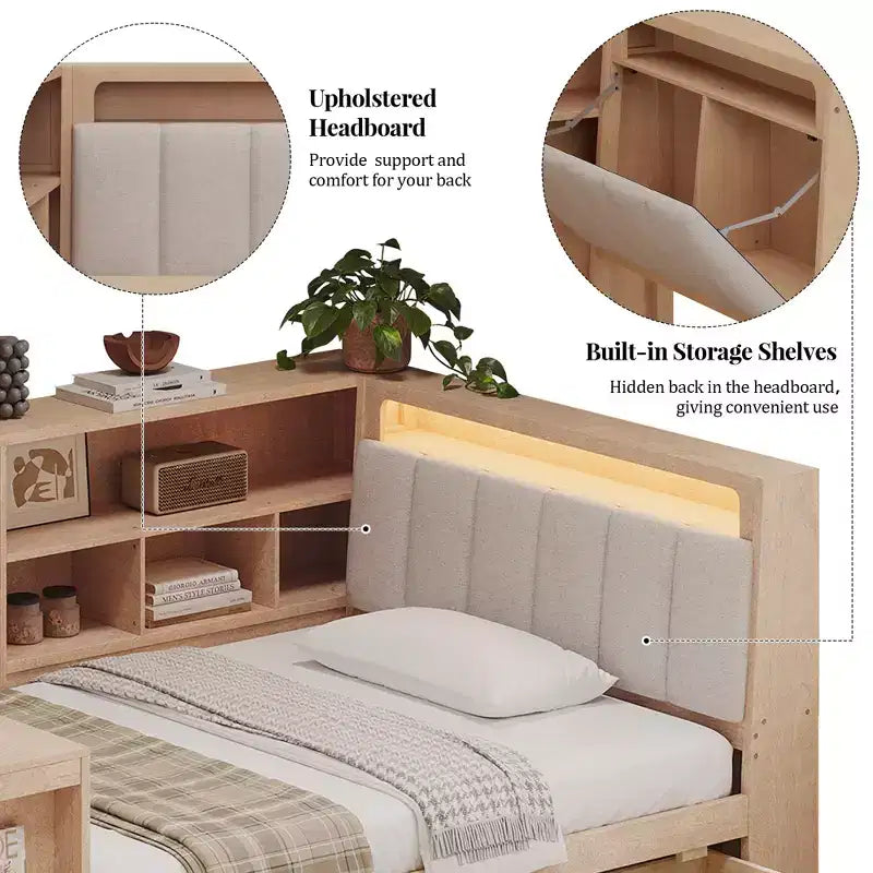 Divano letto a elle per letto singolo/matrimoniale con libreria integrata, cassetti, luce a LED, scrivania e testiera imbottita