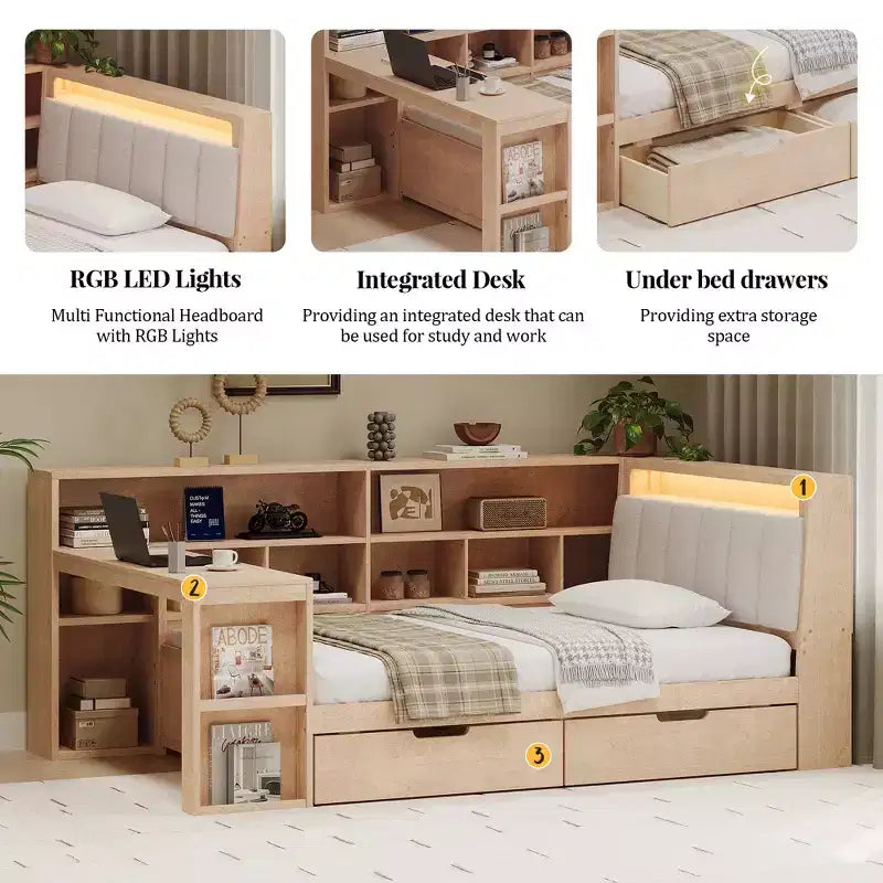 Divano letto a elle per letto singolo/matrimoniale con libreria integrata, cassetti, luce a LED, scrivania e testiera imbottita