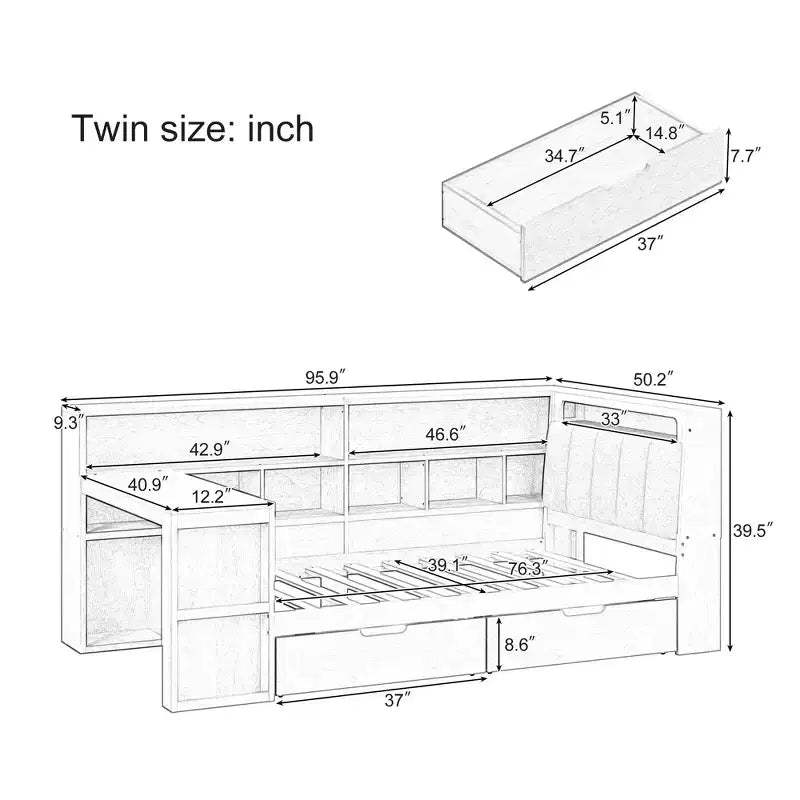 Divano letto a elle per letto singolo/matrimoniale con libreria integrata, cassetti, luce a LED, scrivania e testiera imbottita