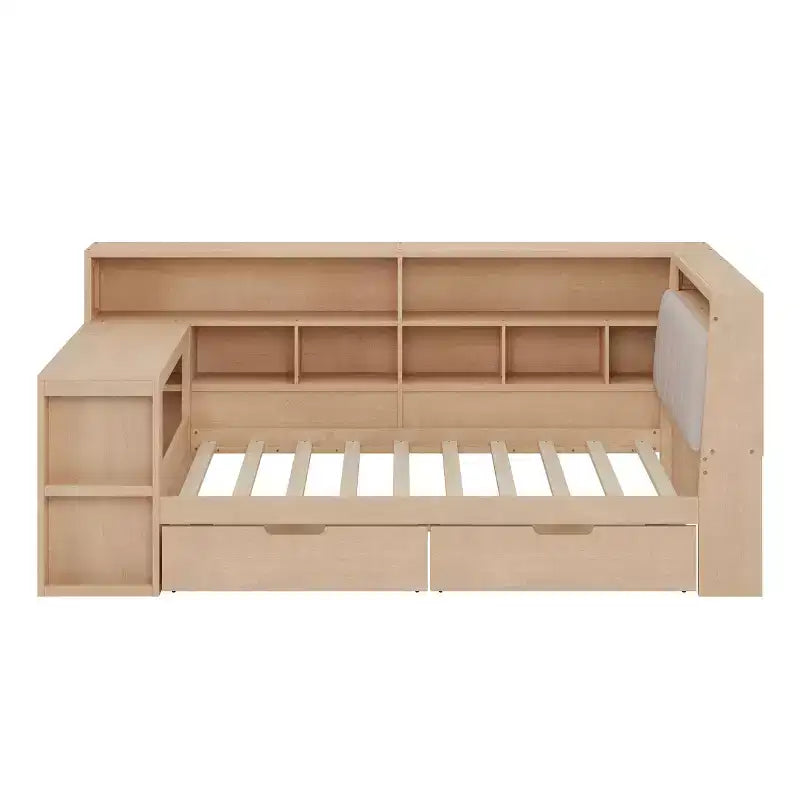 Divano letto a elle per letto singolo/matrimoniale con libreria integrata, cassetti, luce a LED, scrivania e testiera imbottita