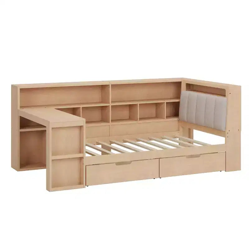 Divano letto a elle per letto singolo/matrimoniale con libreria integrata, cassetti, luce a LED, scrivania e testiera imbottita