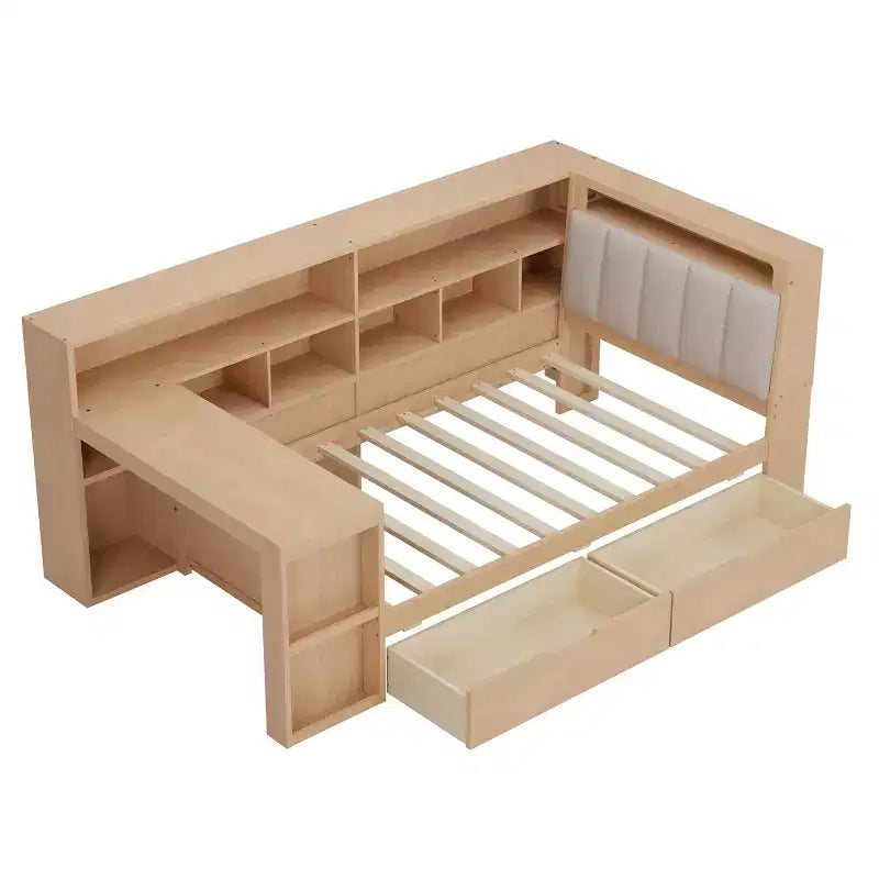 Divano letto a elle per letto singolo/matrimoniale con libreria integrata, cassetti, luce a LED, scrivania e testiera imbottita