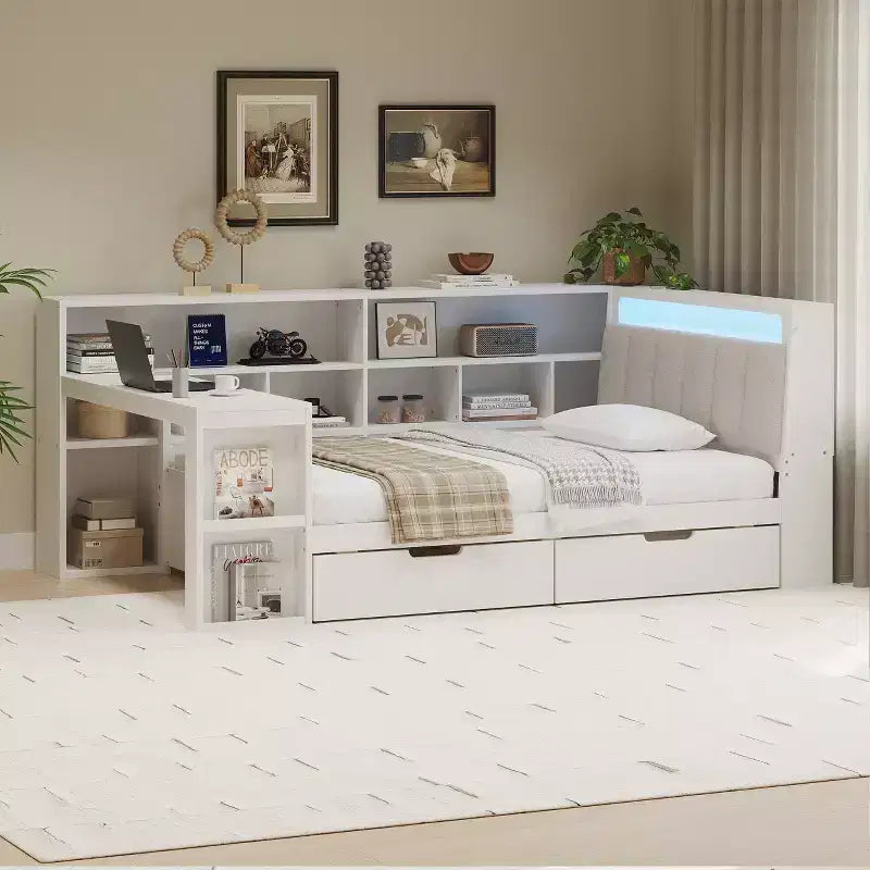 Divano letto a elle per letto singolo/matrimoniale con libreria integrata, cassetti, luce a LED, scrivania e testiera imbottita