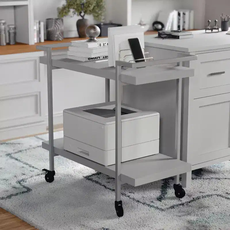 Carrello a 2 ripiani per stampante e archiviazione per ufficio con struttura in metallo