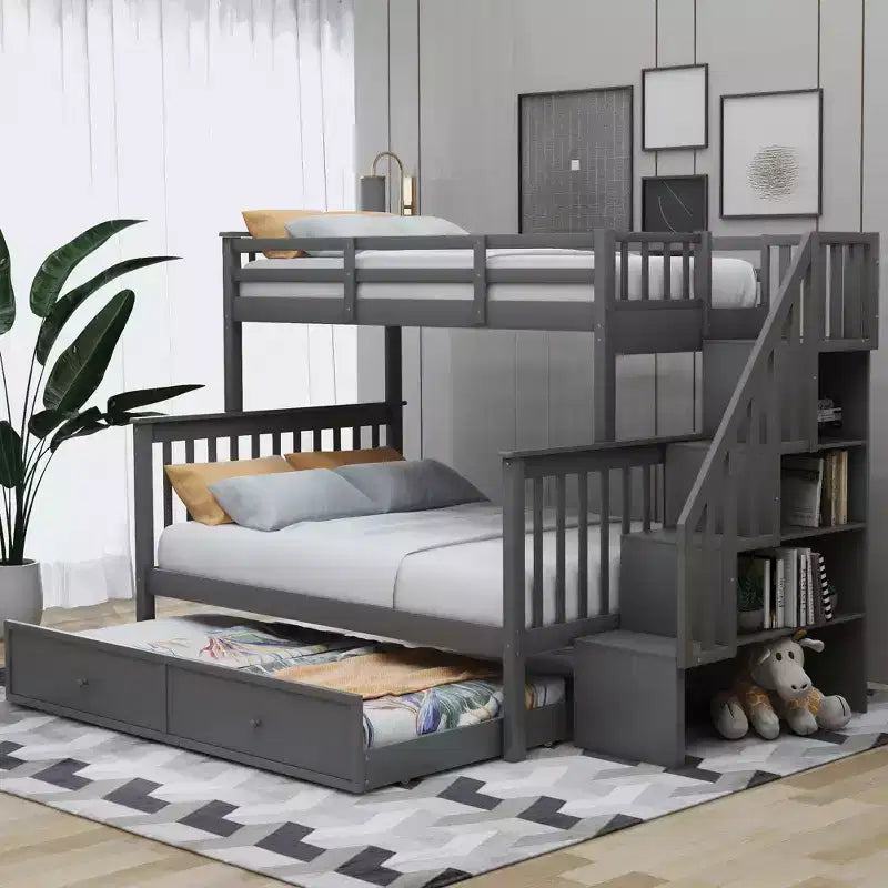 Letto a Castello per Bambini, con Materasso da Una Piazza e Mezza e da Una Piazza, con Scaletta Contenitore e Sponda di Sicurezza