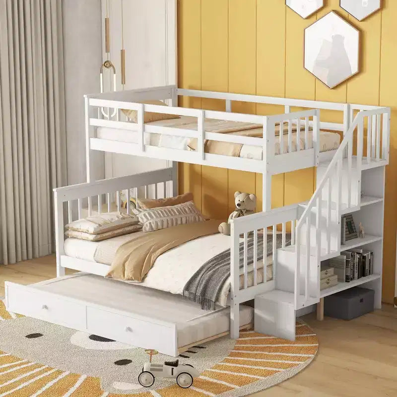 Letto a Castello per Bambini, con Materasso da Una Piazza e Mezza e da Una Piazza, con Scaletta Contenitore e Sponda di Sicurezza