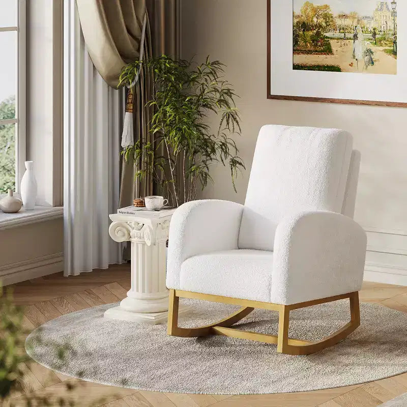 Sedia a dondolo per la cameretta, poltrona moderna imbottita in lana d'agnello con tasche laterali per soggiorno e camera da letto