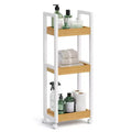 Carrello a rotelle a 3 ripiani in bambù con mensola regolabile, organizer sottile da 30x80 cm per cucina e bagno, bianco e naturale