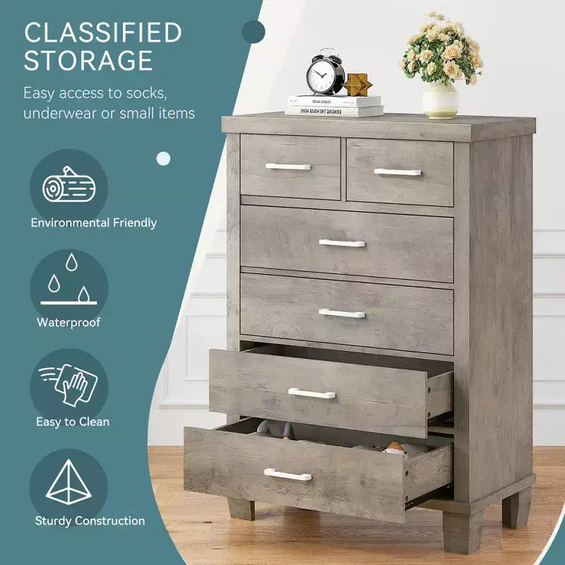 Cassettiera da camera da letto con 6 cassetti, comò alto grigio da 45 con spazio contenitivo, cassettiera in legno per armadio per camera da letto, soggiorno, ingresso