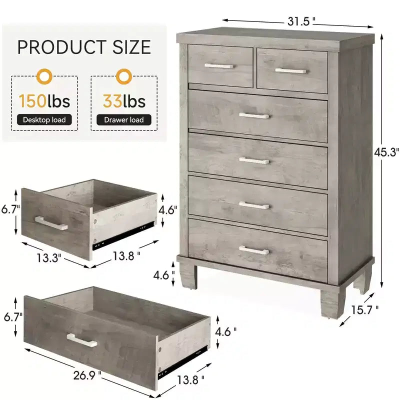 Cassettiera da camera da letto con 6 cassetti, comò alto grigio da 45 con spazio contenitivo, cassettiera in legno per armadio per camera da letto, soggiorno, ingresso