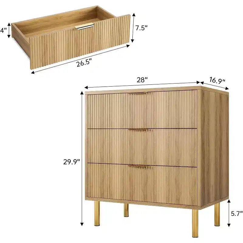 Cassettiera a 3 cassetti in rovere naturale per camera da letto, cassettiera moderna alta 30 pollici con maniglie in metallo dorato e dispositivo antiribaltamento, organizer in legno