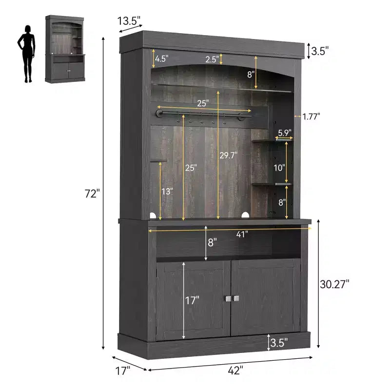 Mobile da caffè da 183 cm stile rustico con luci LED, portabottiglie e supporto per microonde per cucina e sala da pranzo
