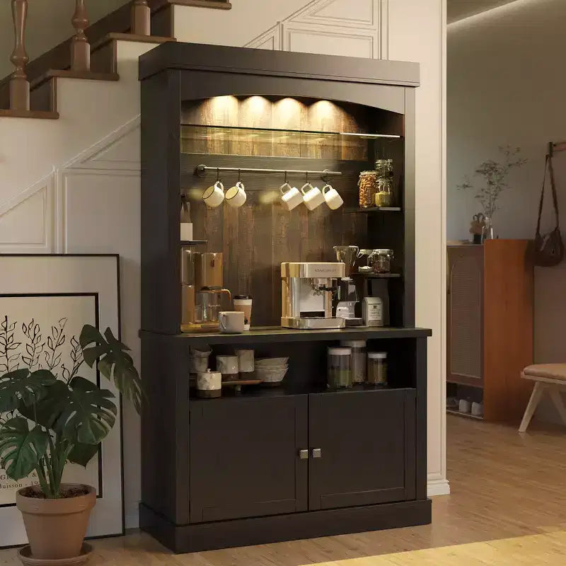 Mobile da caffè da 183 cm stile rustico con luci LED, portabottiglie e supporto per microonde per cucina e sala da pranzo