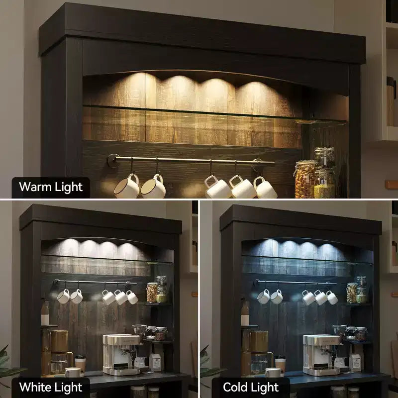 Mobile da caffè da 183 cm stile rustico con luci LED, portabottiglie e supporto per microonde per cucina e sala da pranzo