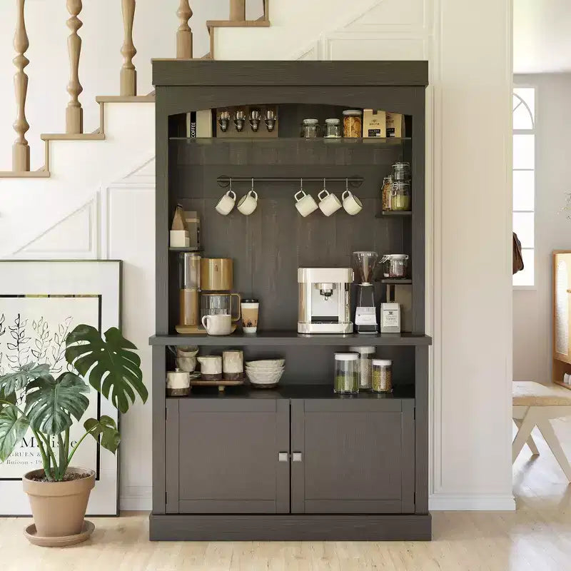 Mobile da caffè da 183 cm stile rustico con luci LED, portabottiglie e supporto per microonde per cucina e sala da pranzo