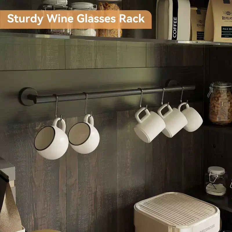 Mobile da caffè da 183 cm stile rustico con luci LED, portabottiglie e supporto per microonde per cucina e sala da pranzo