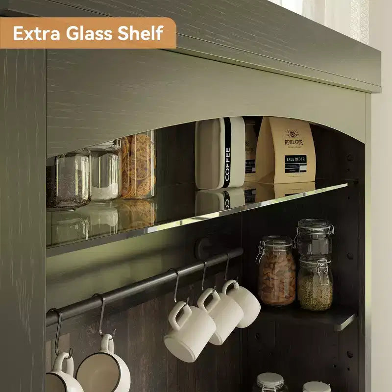 Mobile da caffè da 183 cm stile rustico con luci LED, portabottiglie e supporto per microonde per cucina e sala da pranzo