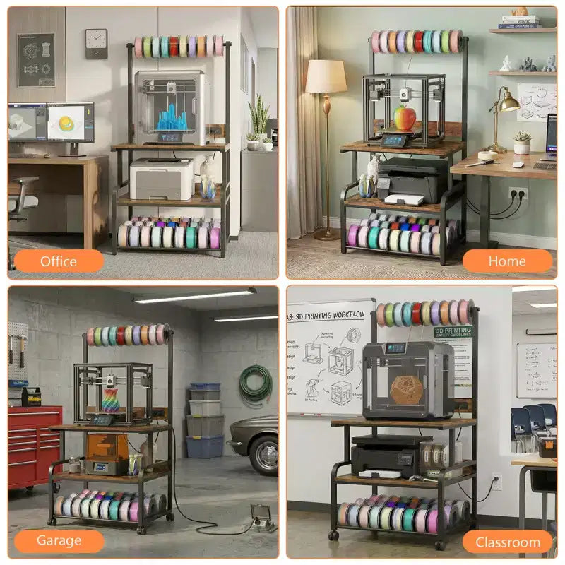 Mobile per Stampante Grande con 4 Livelli di Archiviazione e Stazione di Ricarica, Tavolo per Stampante 3D con Porta Filamenti e Ruote Girevoli
