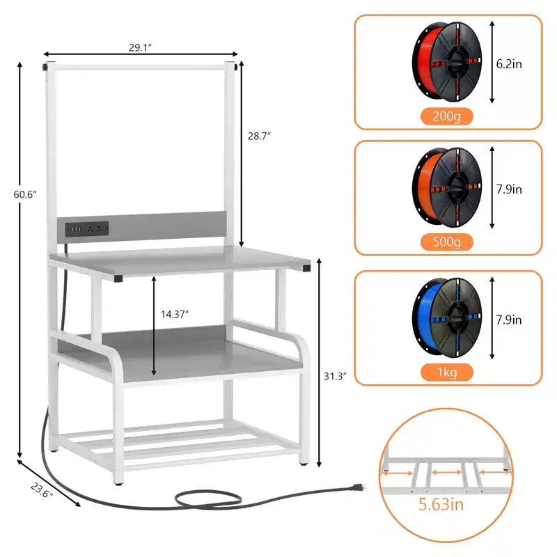 Mobile per Stampante Grande con 4 Livelli di Archiviazione e Stazione di Ricarica, Tavolo per Stampante 3D con Porta Filamenti e Ruote Girevoli