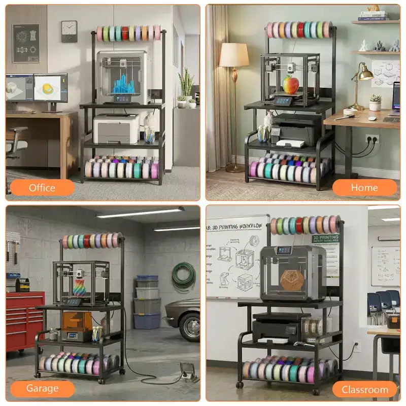 Mobile per Stampante Grande con 4 Livelli di Archiviazione e Stazione di Ricarica, Tavolo per Stampante 3D con Porta Filamenti e Ruote Girevoli
