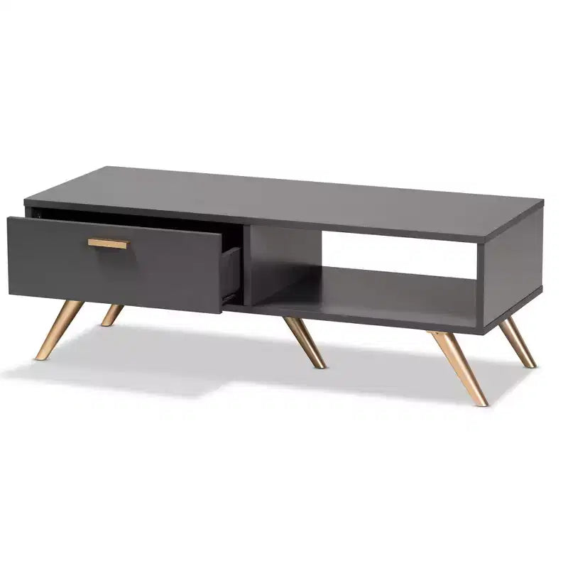 Tavolino da caffè moderno in legno grigio scuro e oro con cassetto e ripiano aperto