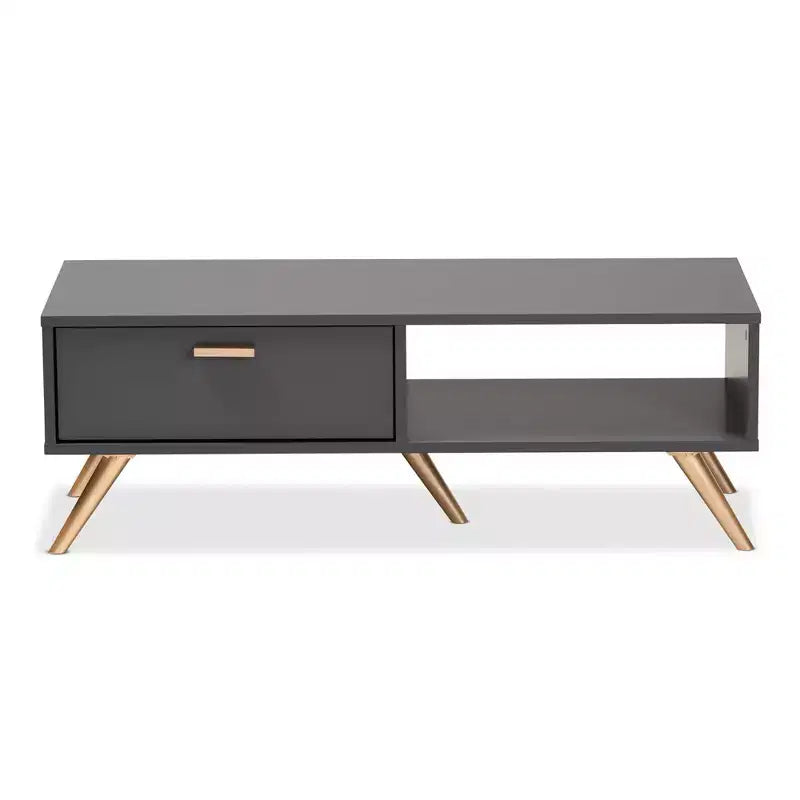 Tavolino da caffè moderno in legno grigio scuro e oro con cassetto e ripiano aperto