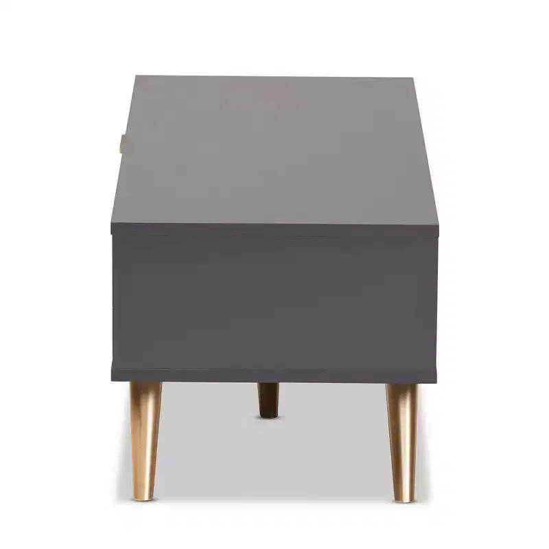 Tavolino da caffè moderno in legno grigio scuro e oro con cassetto e ripiano aperto