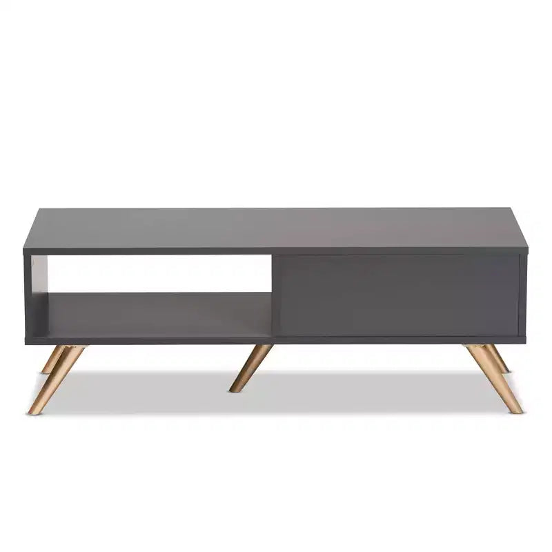 Tavolino da caffè moderno in legno grigio scuro e oro con cassetto e ripiano aperto