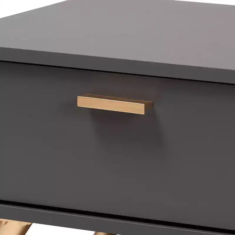 Tavolino da caffè moderno in legno grigio scuro e oro con cassetto e ripiano aperto