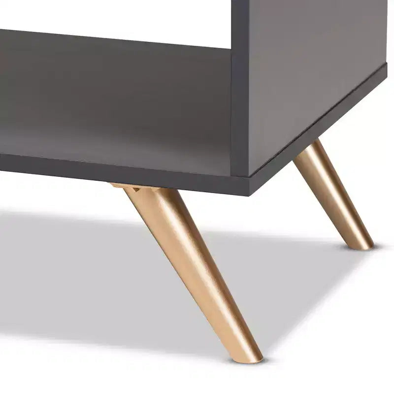 Tavolino da caffè moderno in legno grigio scuro e oro con cassetto e ripiano aperto