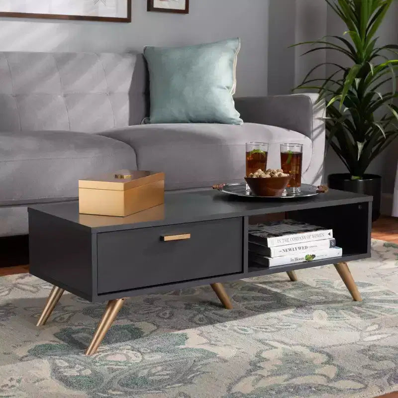 Tavolino da caffè moderno in legno grigio scuro e oro con cassetto e ripiano aperto