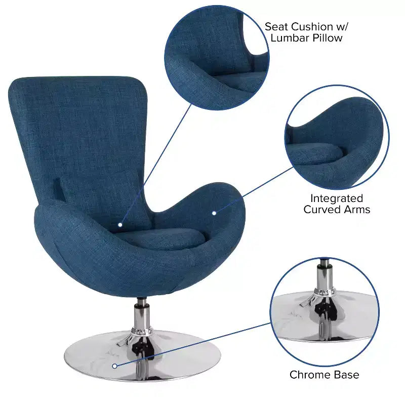 Poltrona lounge a forma di uovo con schienale alto e base girevole in metallo a 360°