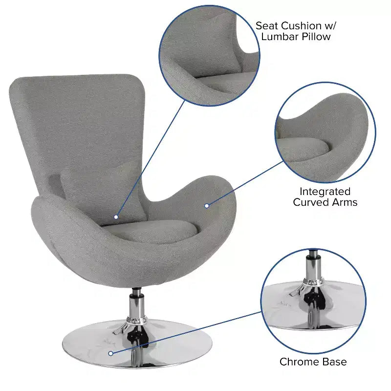 Poltrona lounge a forma di uovo con schienale alto e base girevole in metallo a 360°