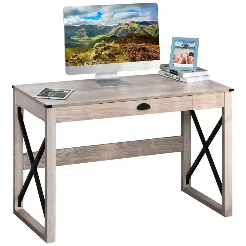 Scrivania rustica da ufficio/computer, scrivania da fattoria con cassetto portaoggetti e struttura a X