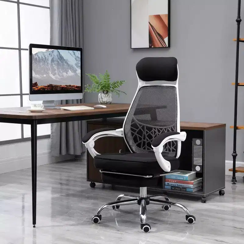 Sedia da Ufficio Ergonomica con Schienale Alto in Rete, Poggiapiedi Retrattile, Poggiatesta e Braccioli Imbottiti