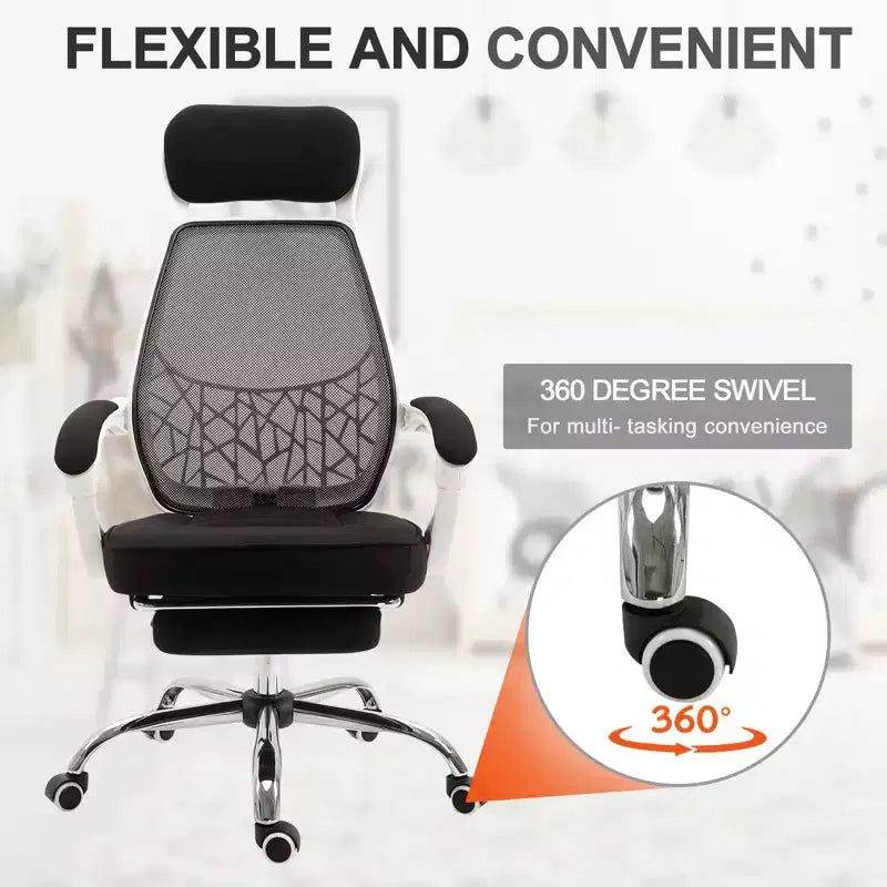Sedia da Ufficio Ergonomica con Schienale Alto in Rete, Poggiapiedi Retrattile, Poggiatesta e Braccioli Imbottiti