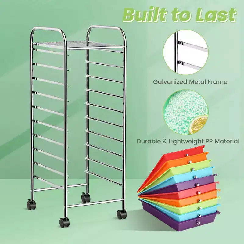 Carrello portaoggetti a 10 cassetti, organizer per ufficio, scuola e scrapbooking - Multicolore